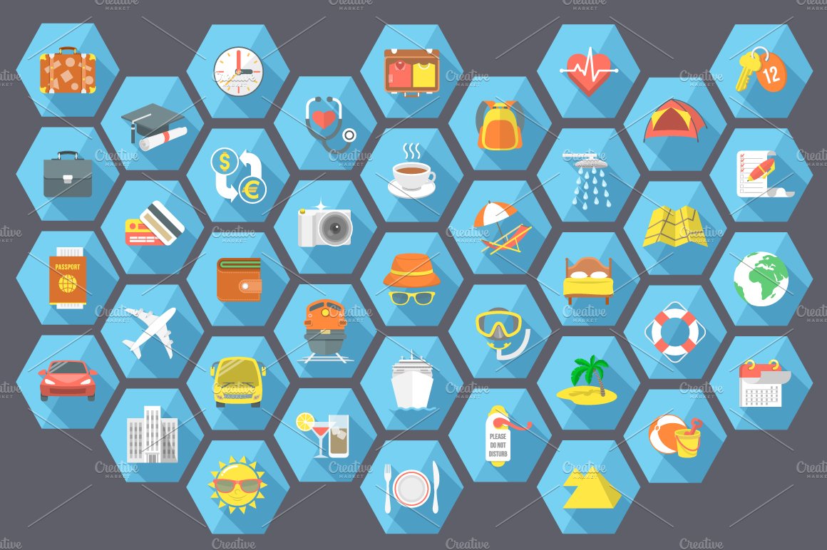 Traveling and tourism flat icons preview image.