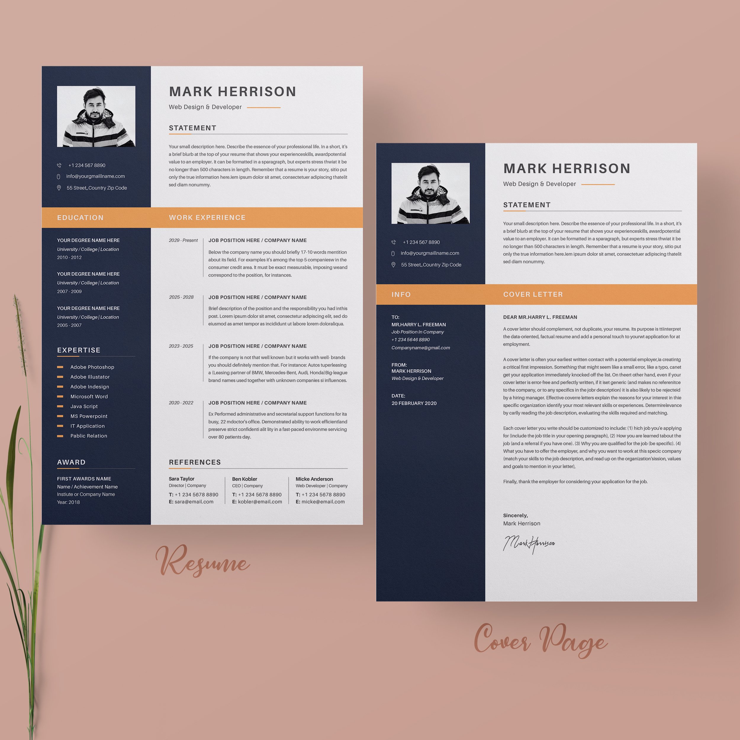Two professional resume templates on a pink background.