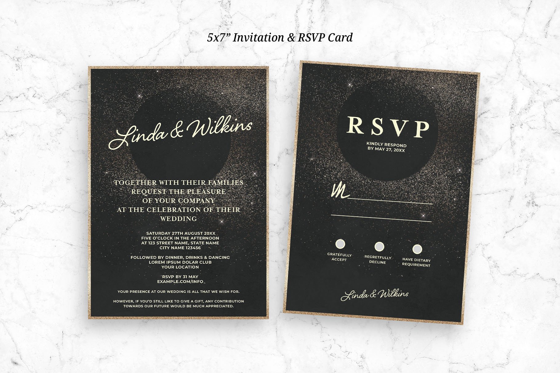 Black & Gold Wedding Invitation preview image.