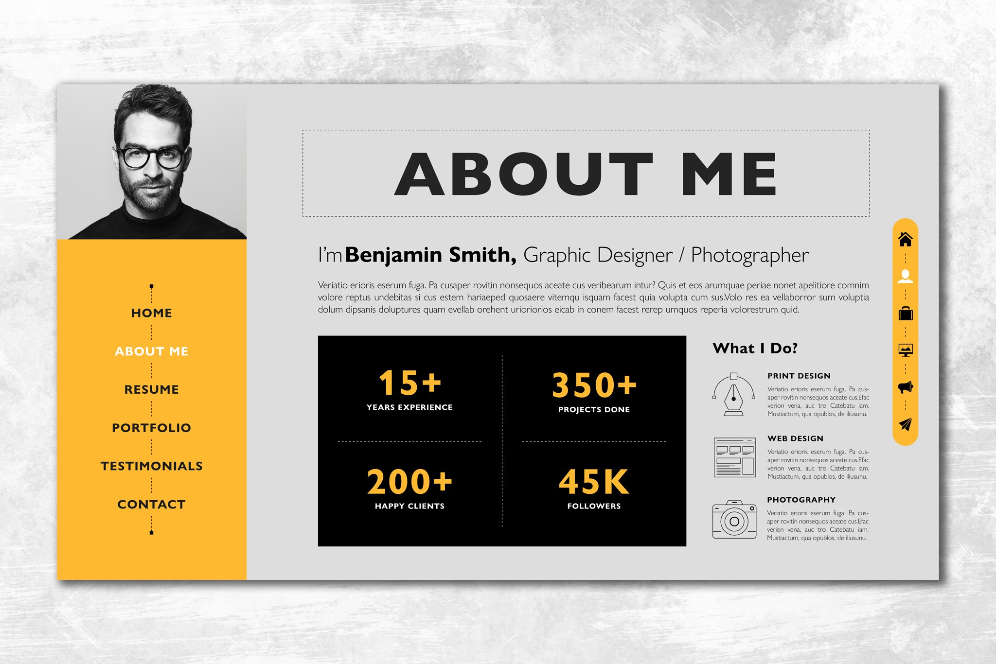 Yellow and black resume with a black and white photo.