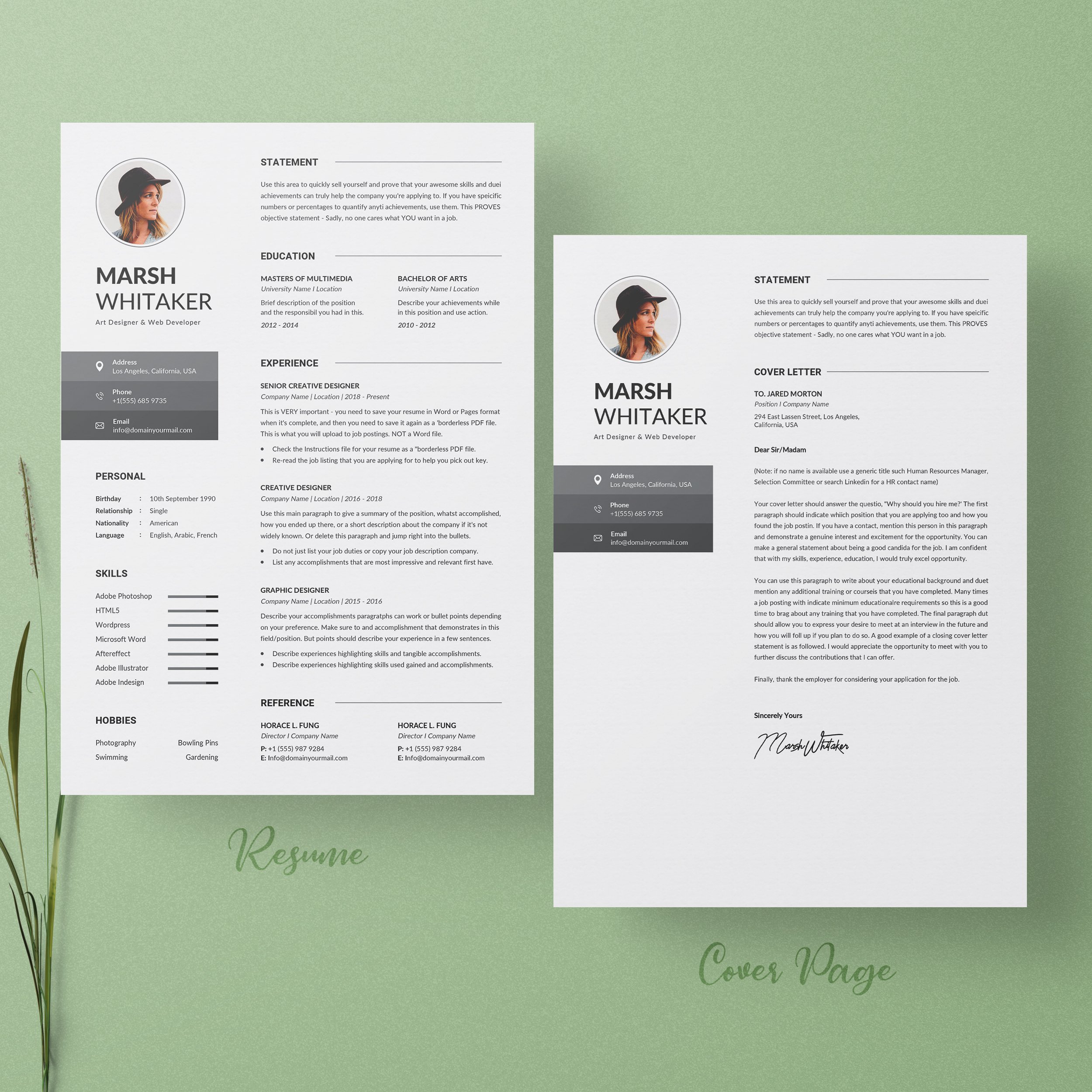 Two resume templates on a green background.
