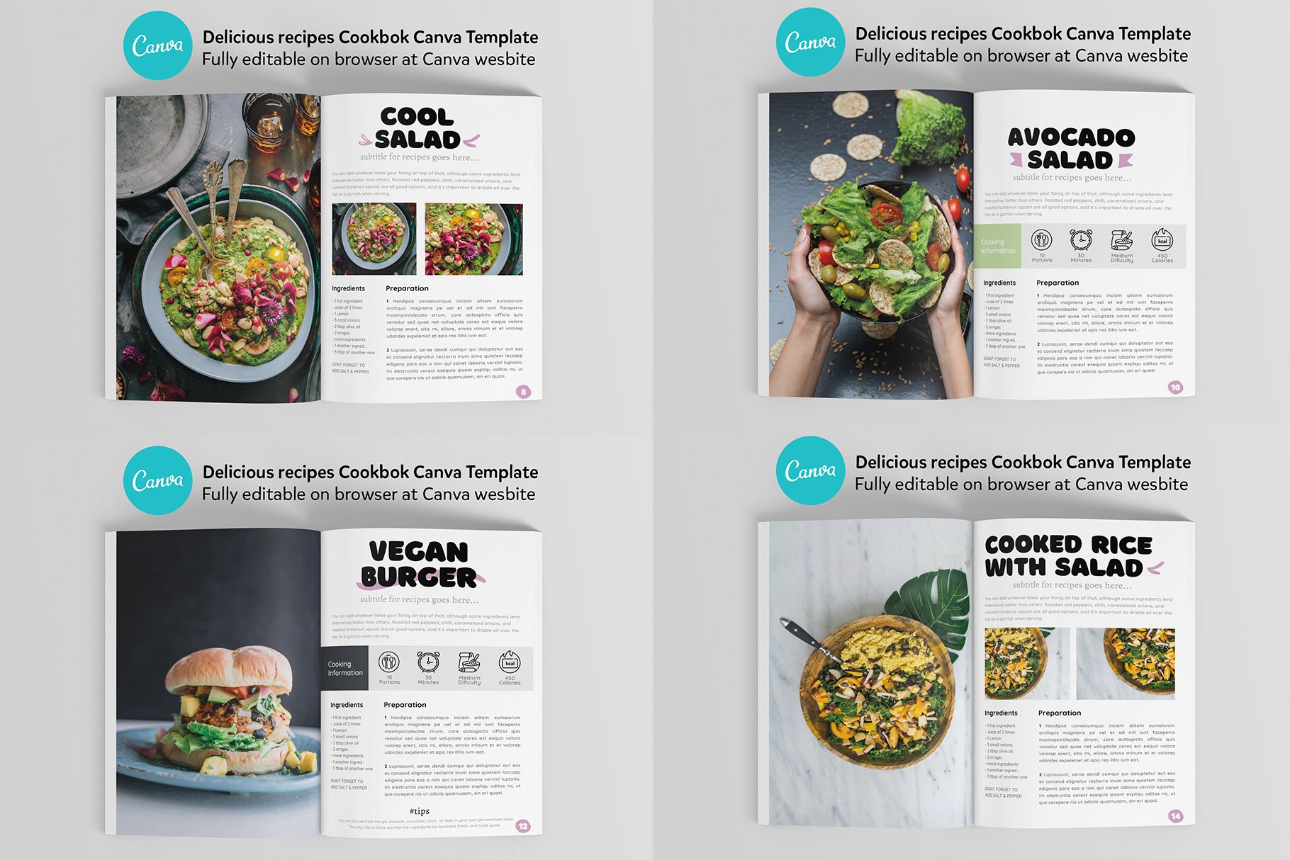 4 Canva Cookbook Templates Combo preview image.