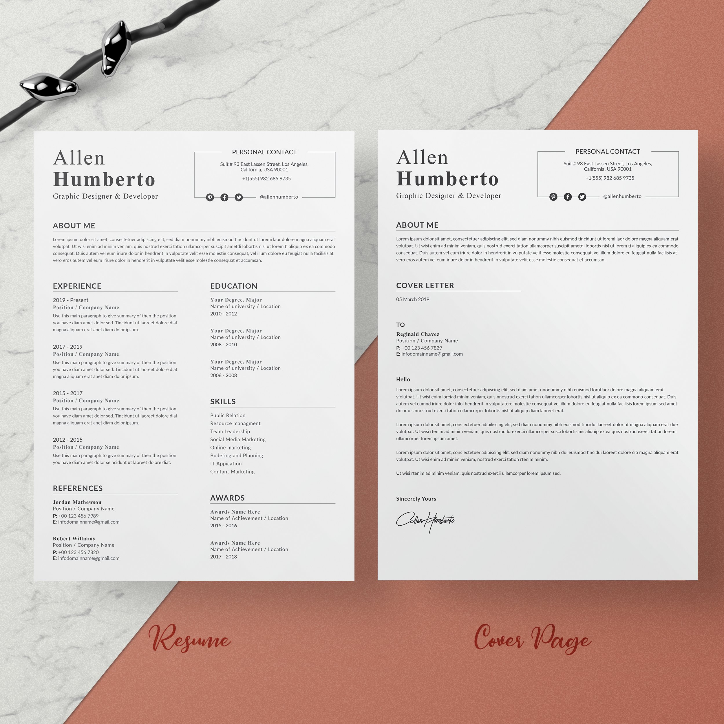 Two resume templates on a marble surface.