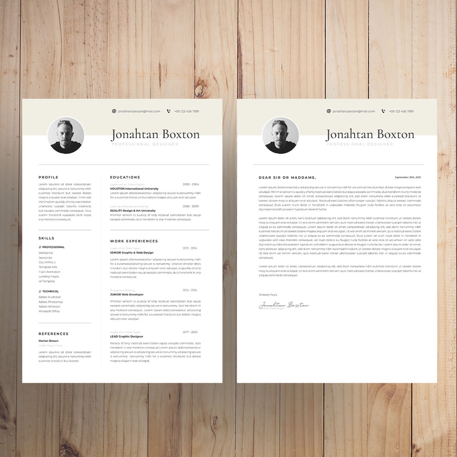 Two resume templates on a wooden background.