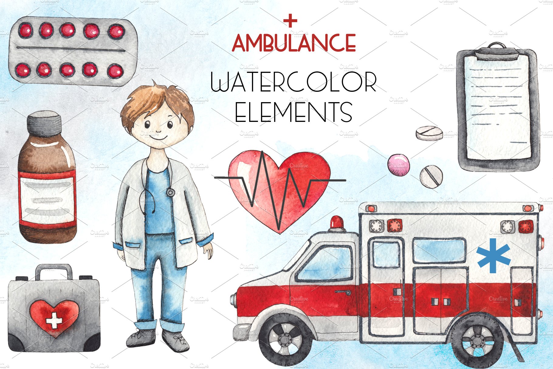 Ambulance. Watercolor collection preview image.
