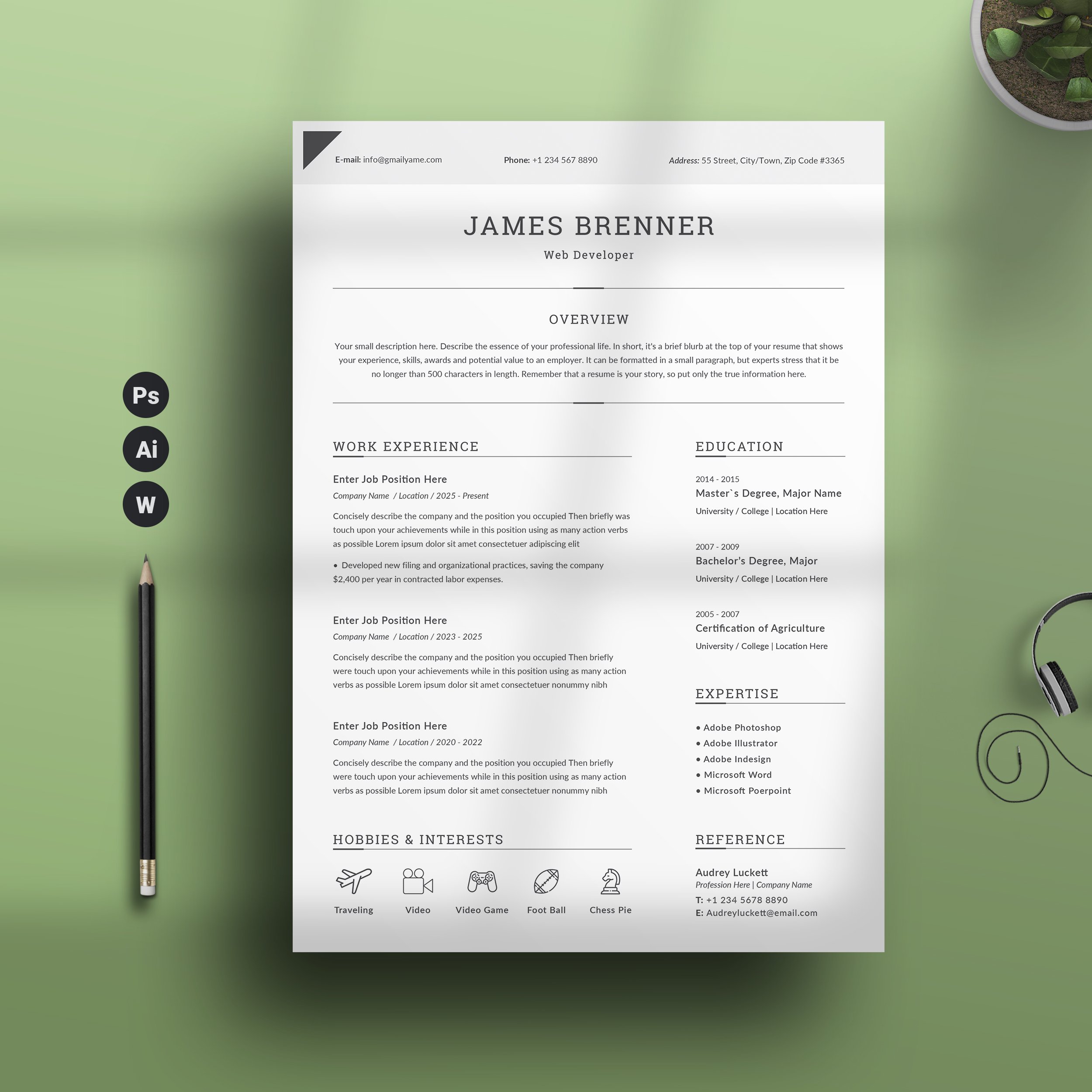 Clean and modern resume template on a green background.