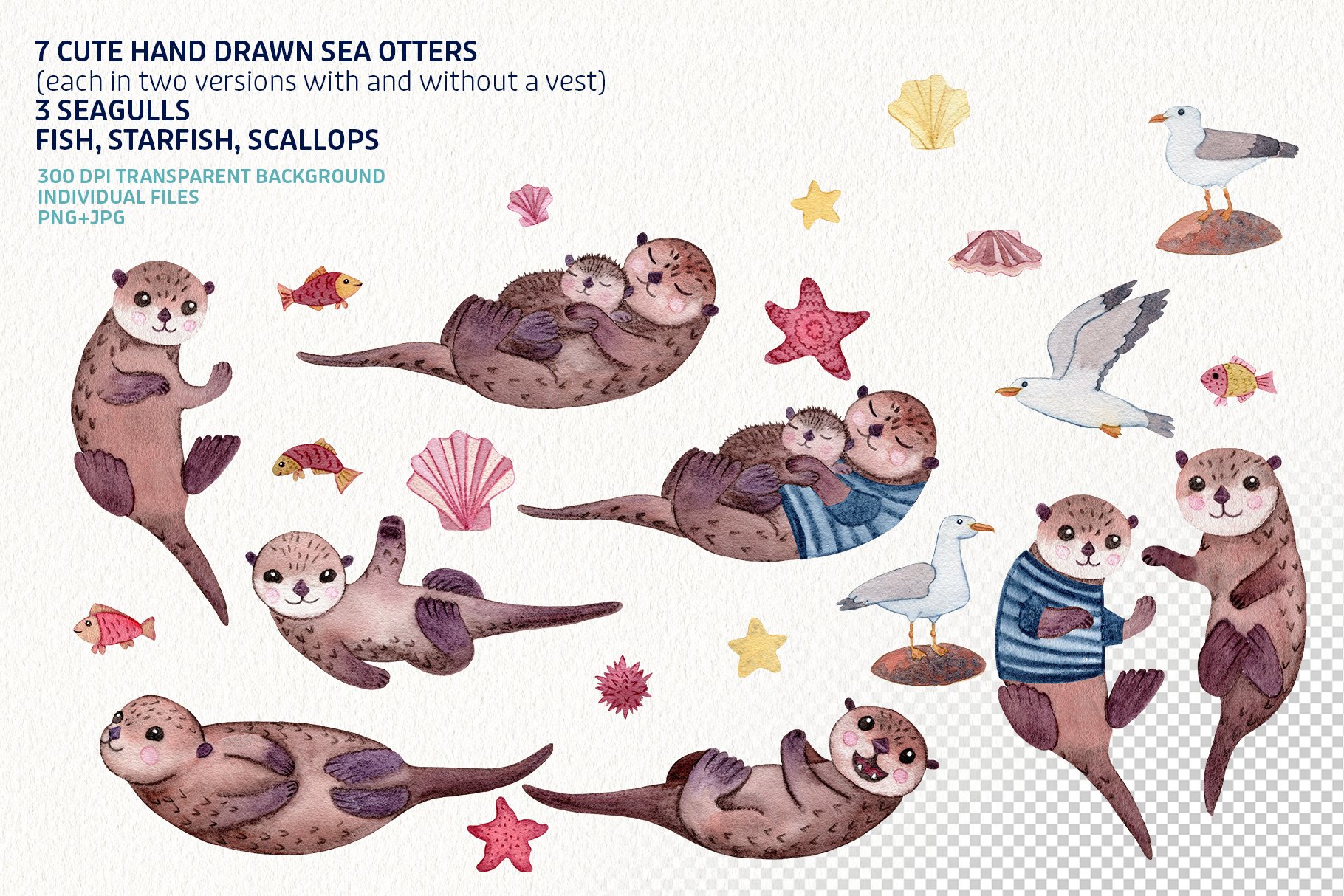 Cute Sea Otters. Watercolor clipart. preview image.