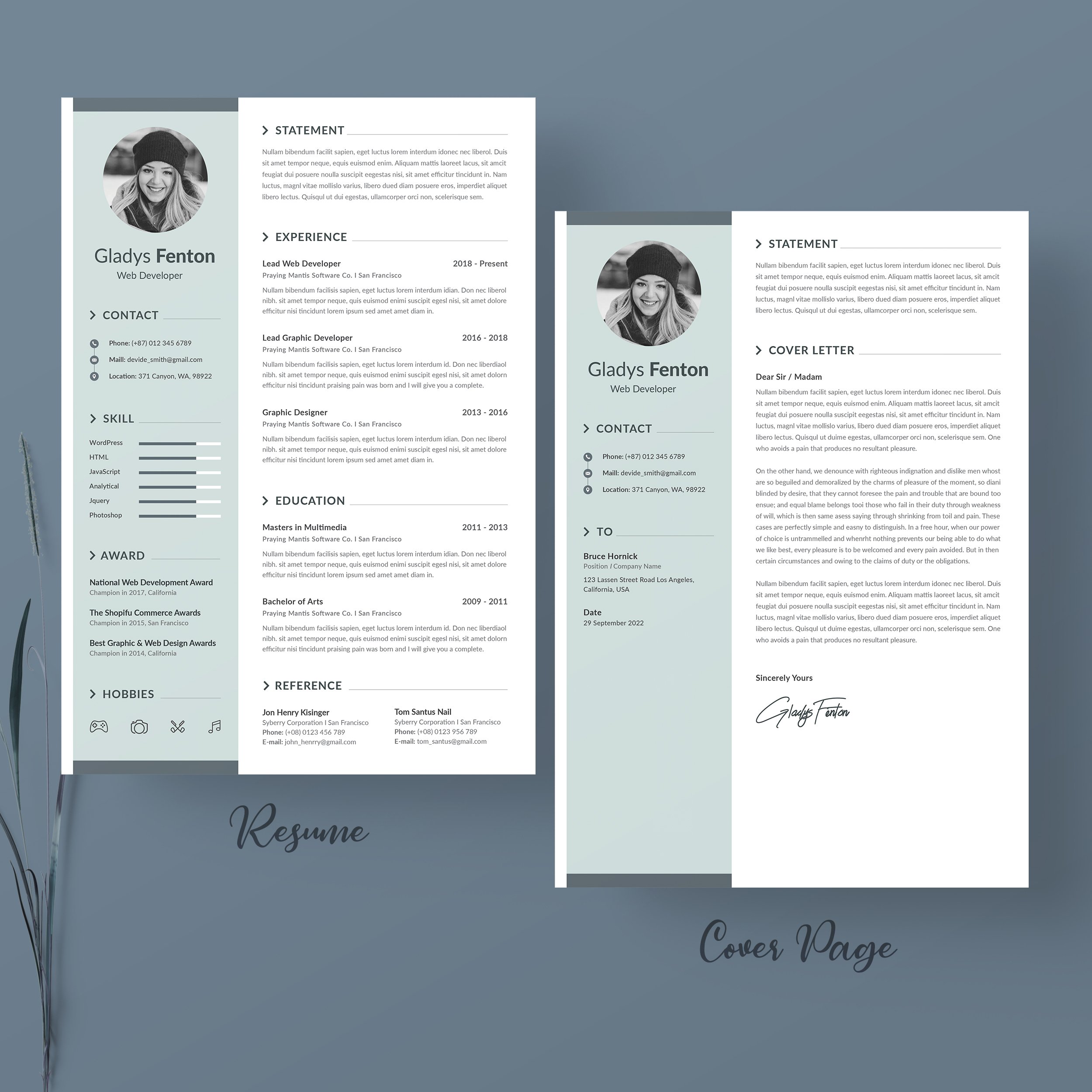 Two pages of a resume template with a blue background.
