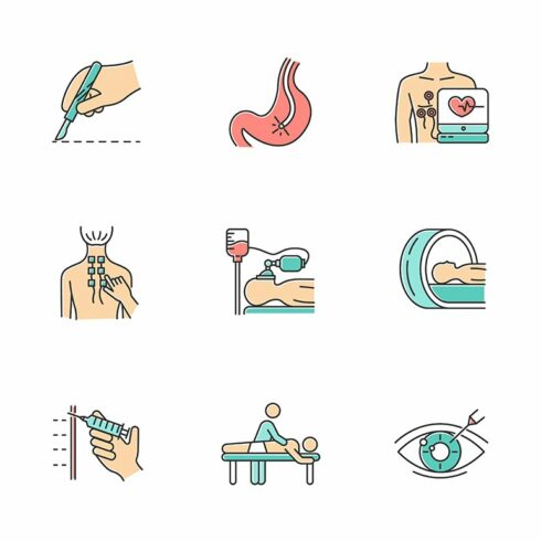 Medical procedures color icons set cover image.