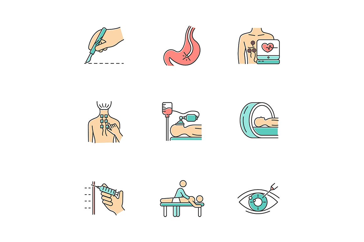 Medical procedures color icons set cover image.