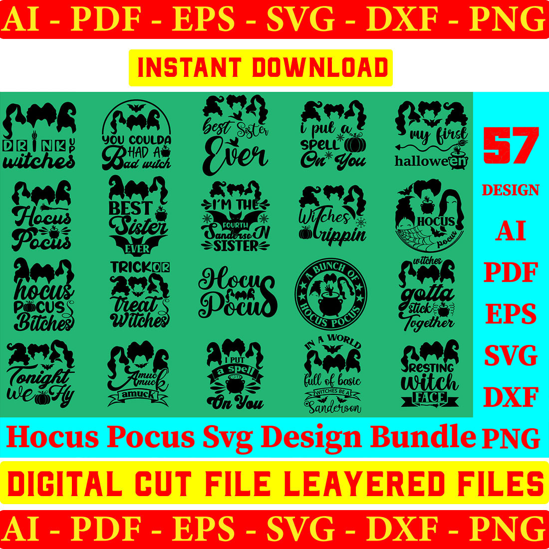 Hocus Pocu SVG Bundle , Sandersonn Svg, Sandersonn Sisterss SVG, Cricut, Hocus Pocu Clipart, Halloween svg, 57 Silhouette Cut Files, preview image.