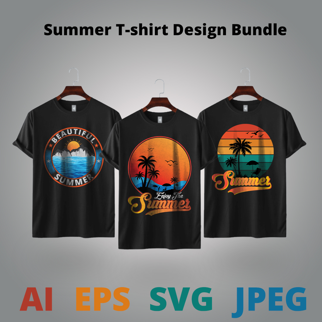 Three t - shirts with the words summer t - shirt design bundle.