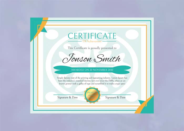 Certificate is shown with a blue background.