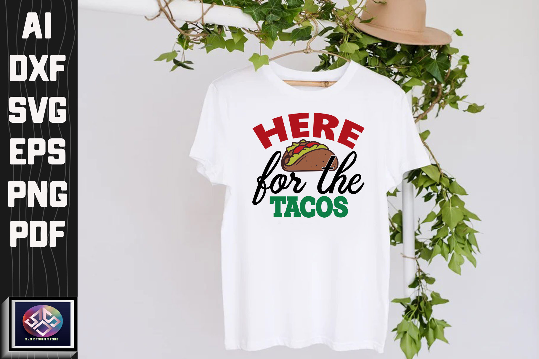 T - shirt that says here for the tacos on it.