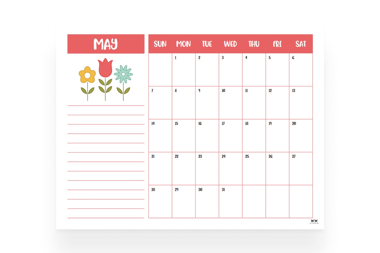 May calendar with white background, space for notes and painted flowers.