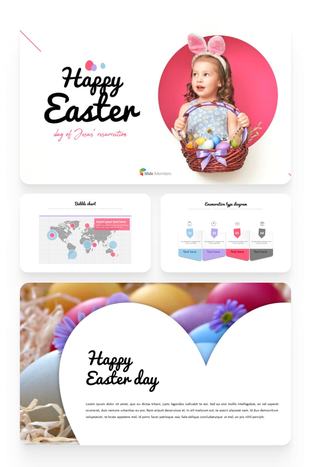 Collage of invitations to the Easter party with a photo of a girl with a basket of eggs.