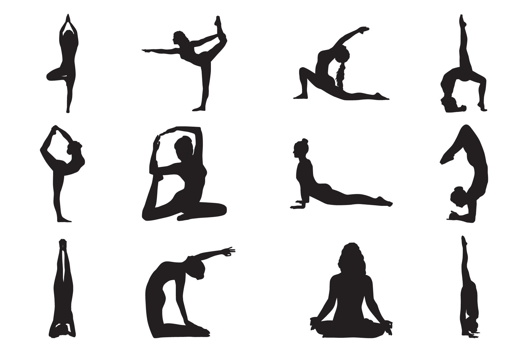 12 yoga pose, meditation, silhouette preview image.