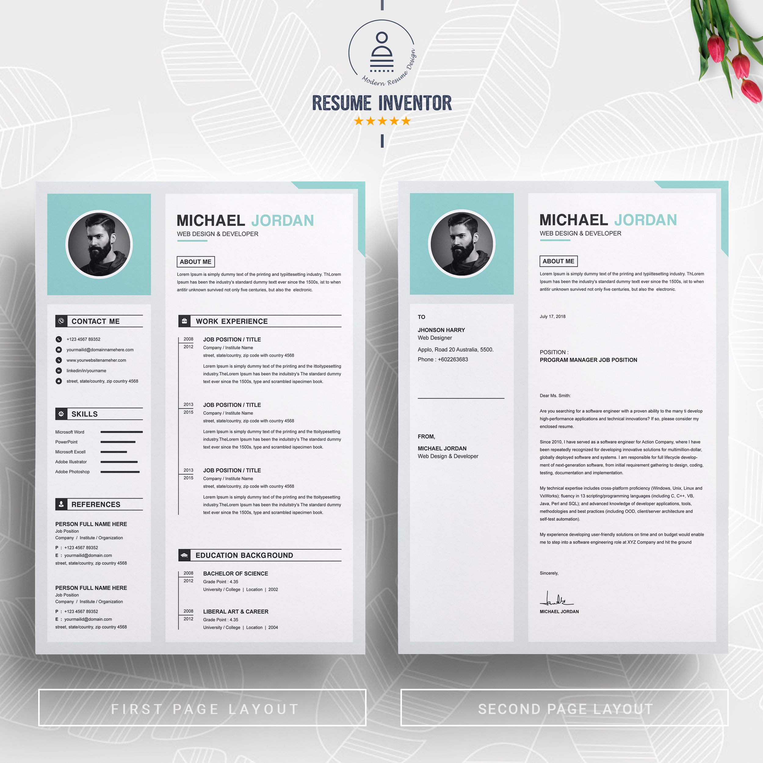 One Page Clean Resume + Cover Letter preview image.