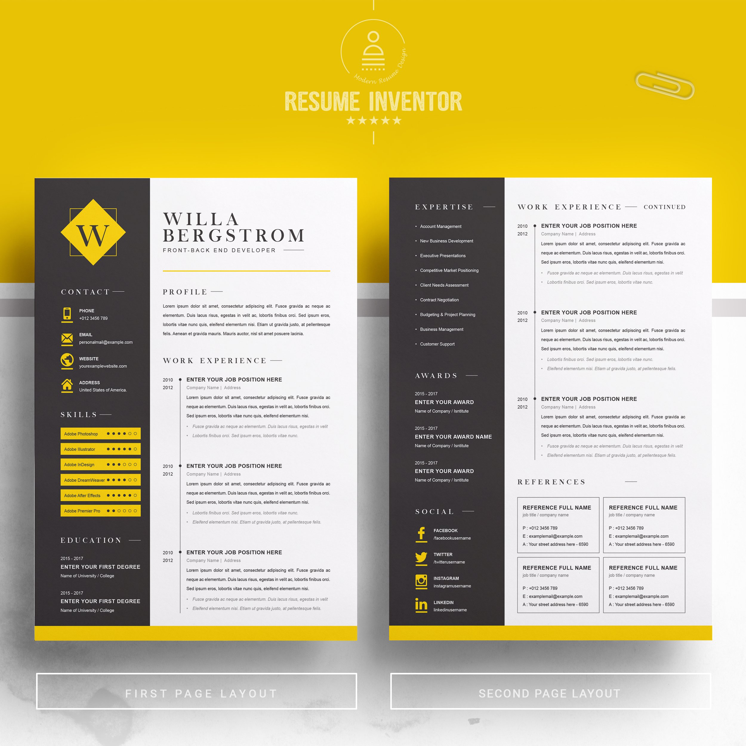 Minimal Yellow Resume Template / CV preview image.