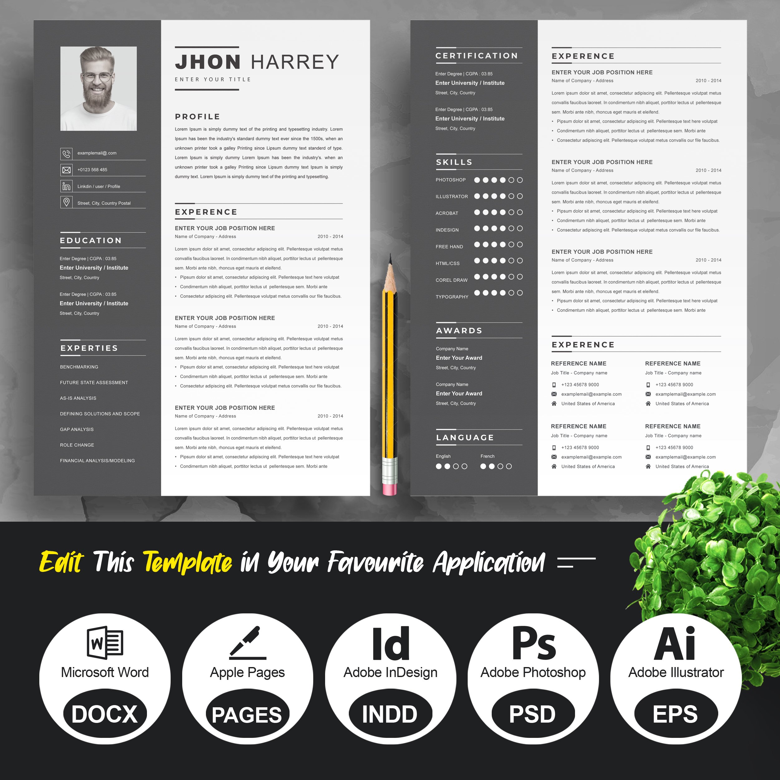 Professional Black Resume Template preview image.