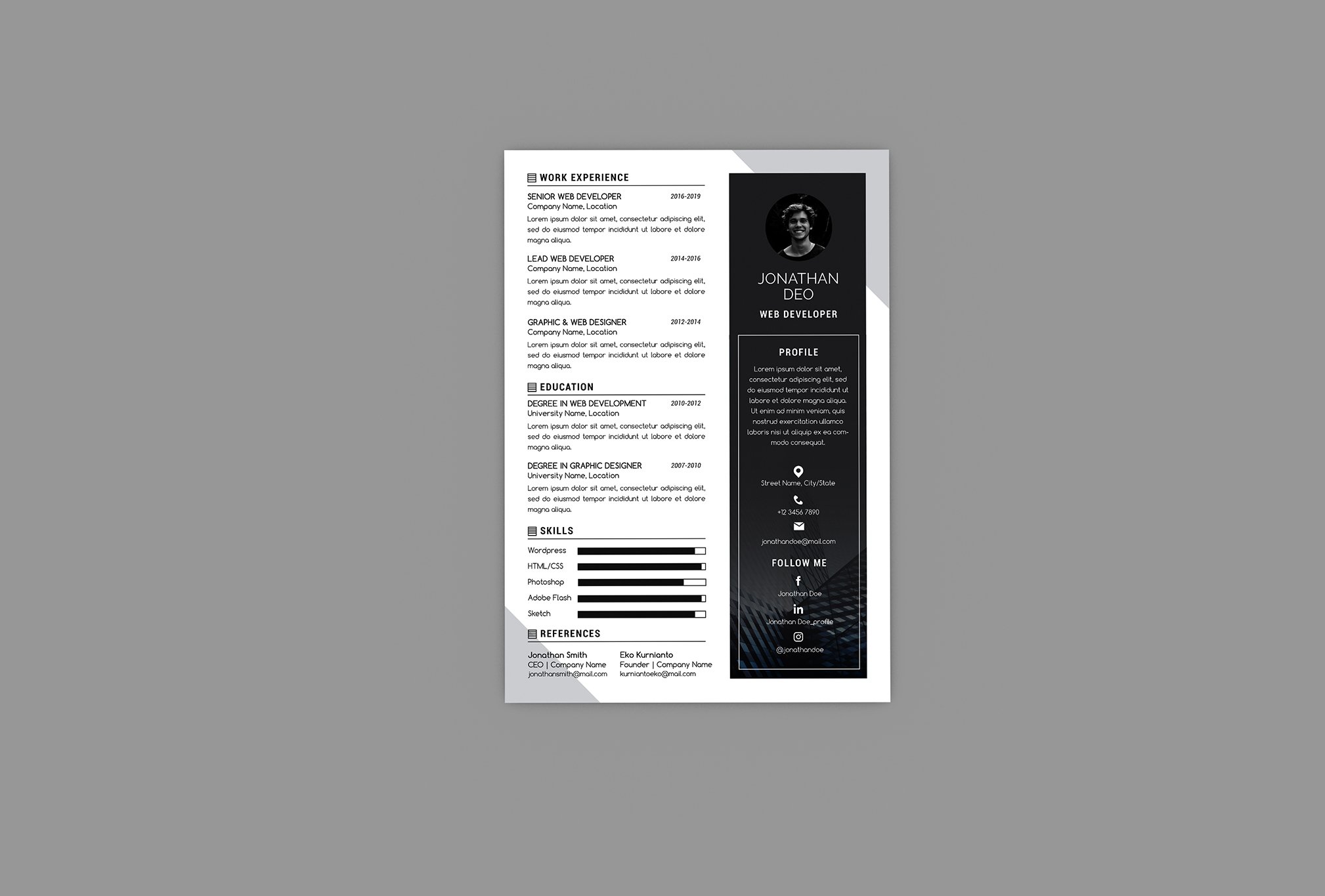 Black and white resume on a gray background.