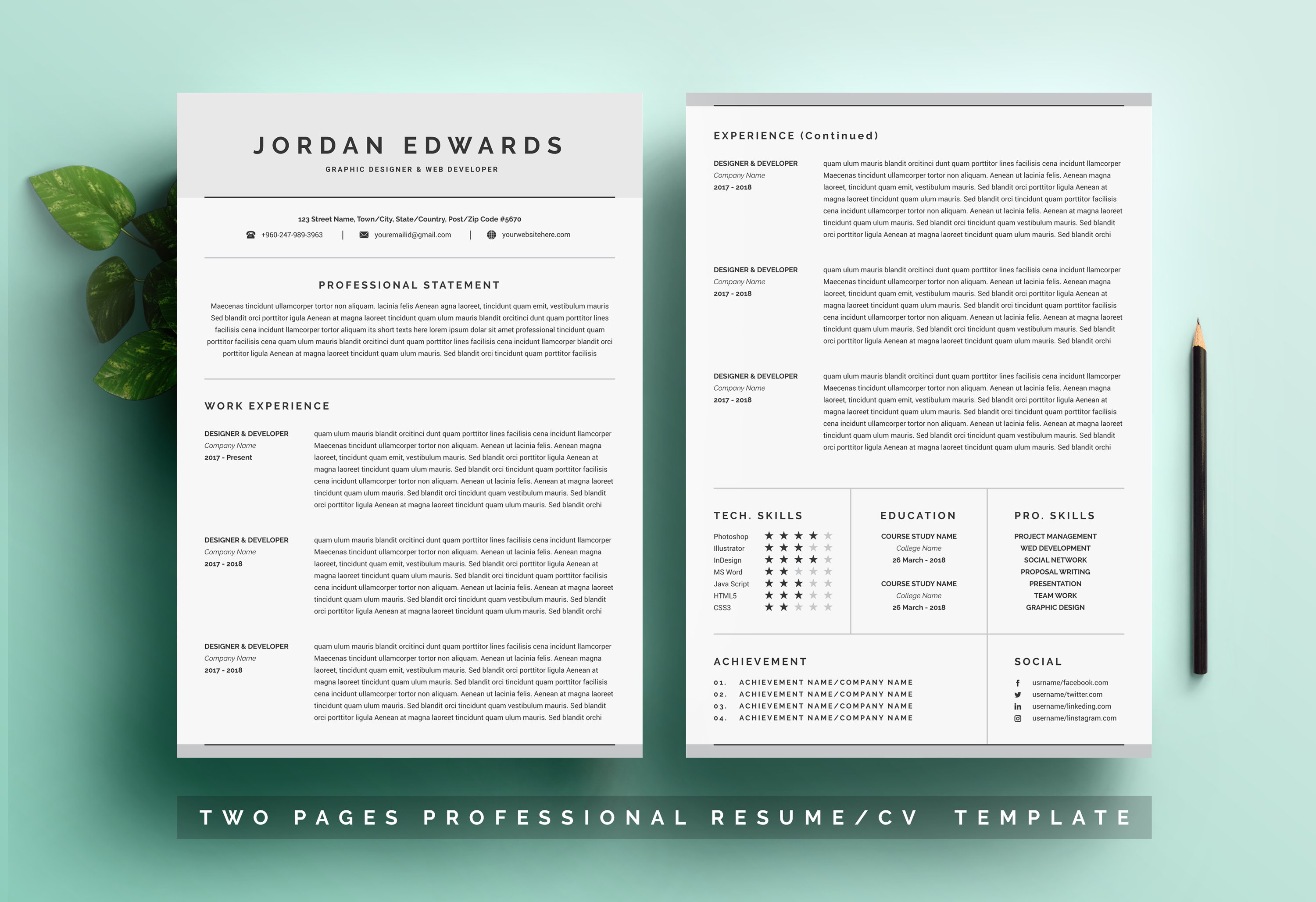 Clean Word Resume Template 4 Pages preview image.