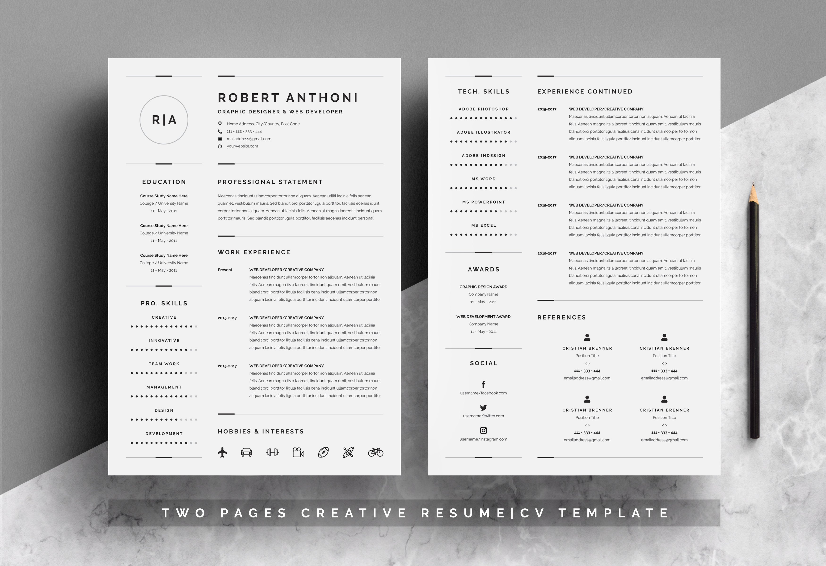 3 Pages Clean Resume/CV Template preview image.