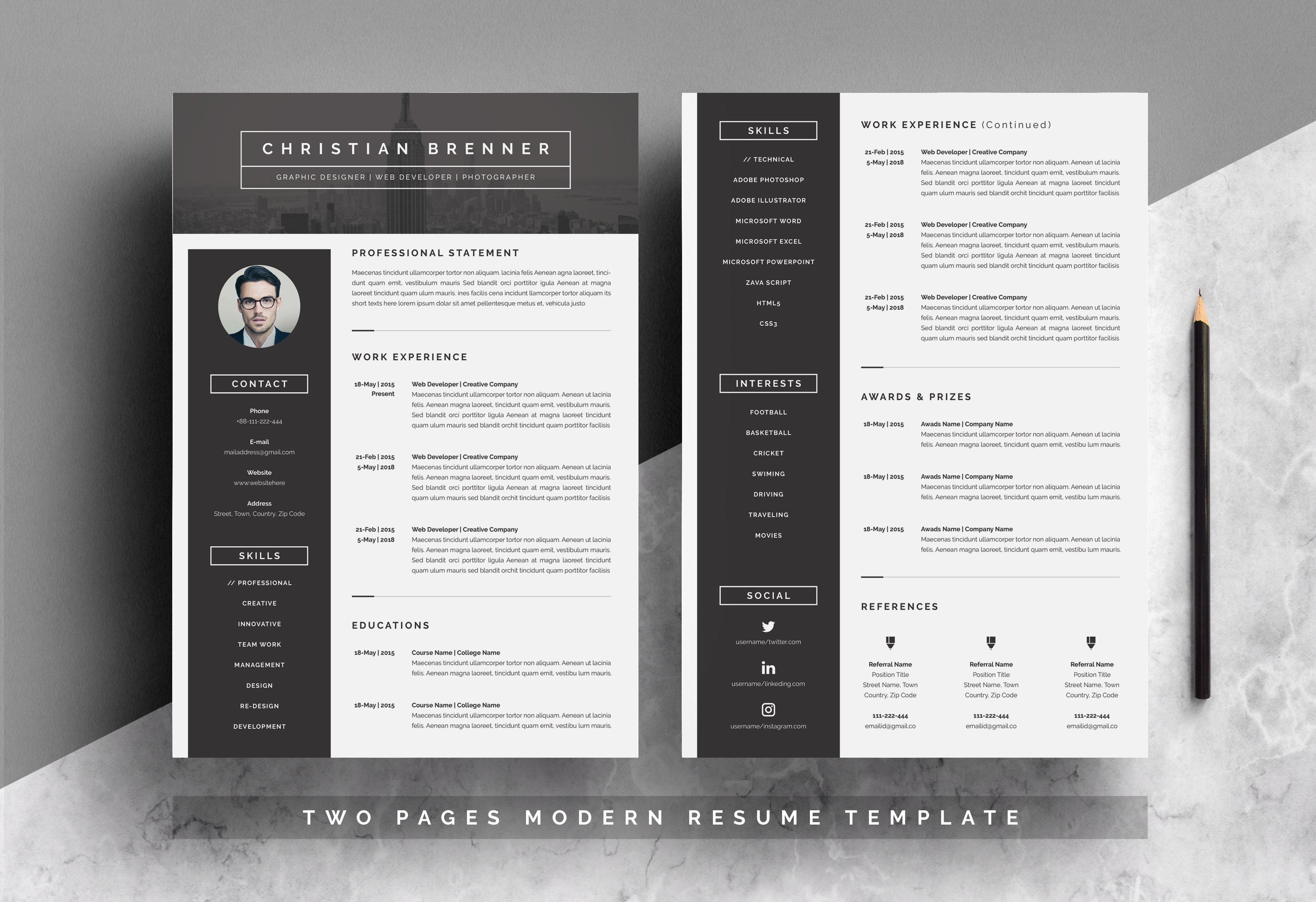 Modern Resume Template 3 Pages preview image.