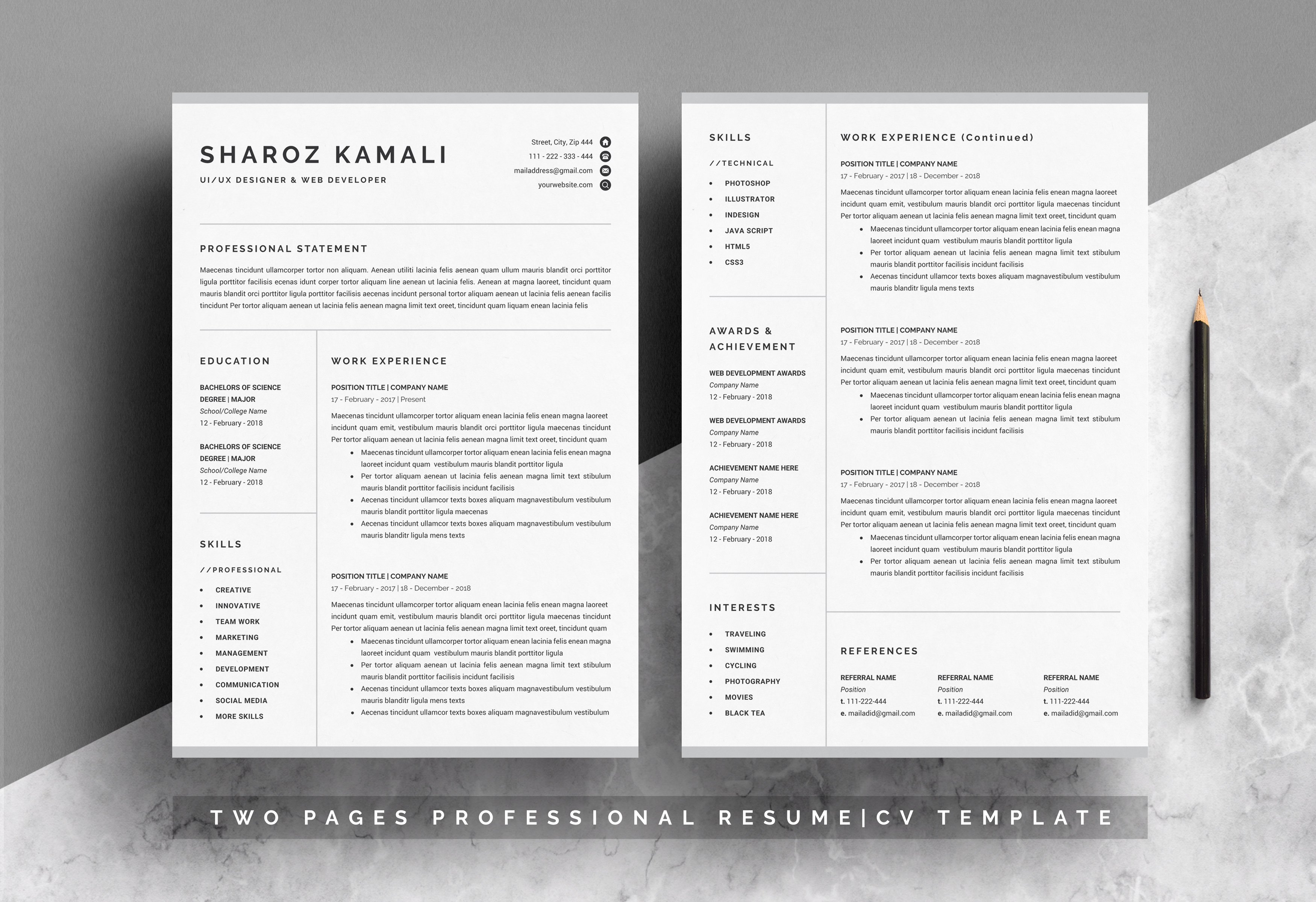 Resume/CV Template 4 Pages Pack preview image.