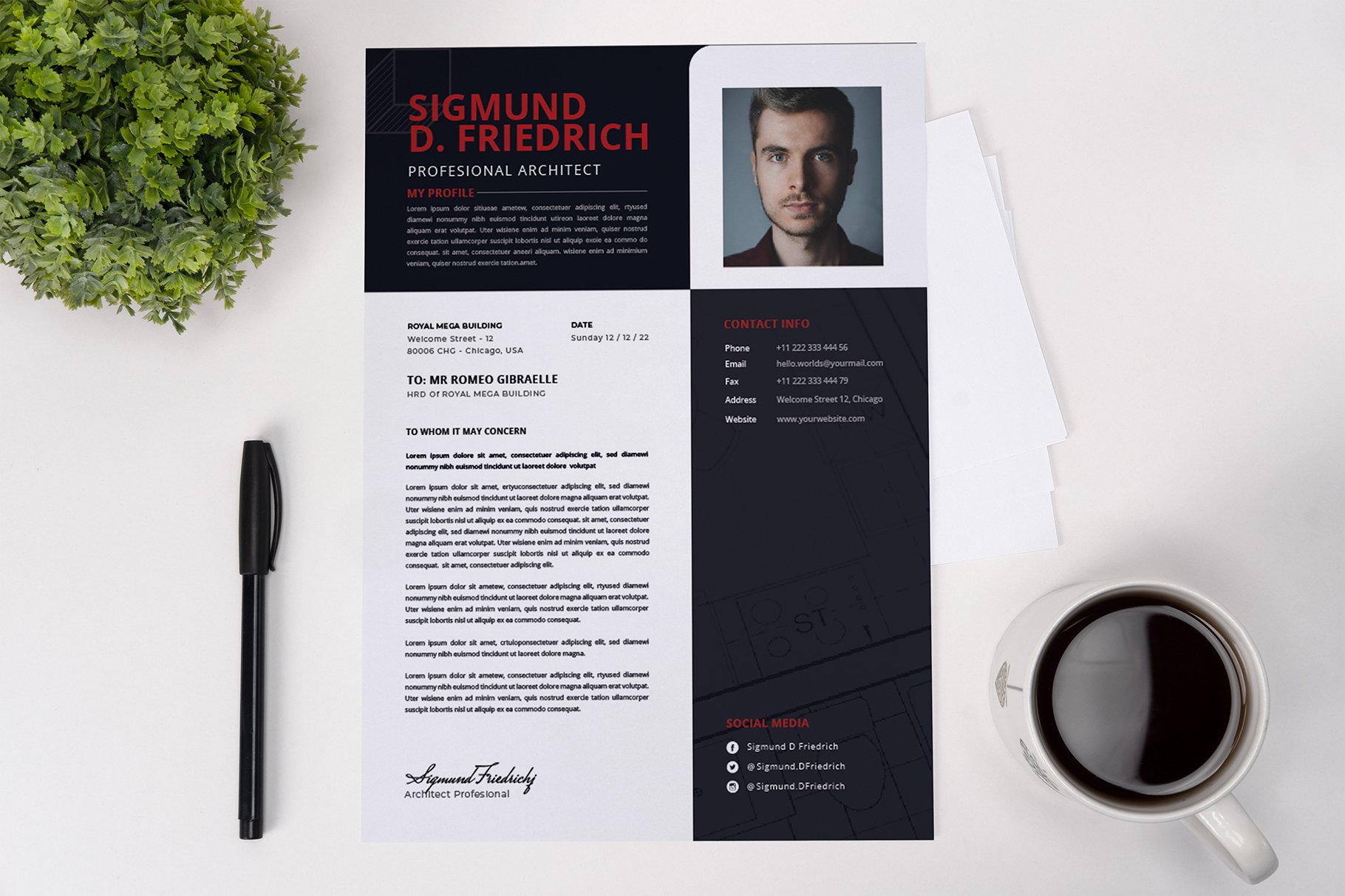 Black and white resume on a table next to a cup of coffee.