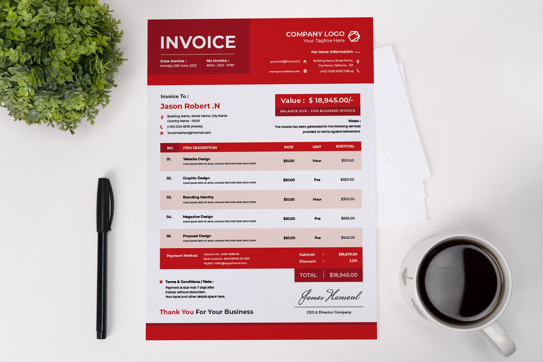 Red Business Tax Invoice preview image.