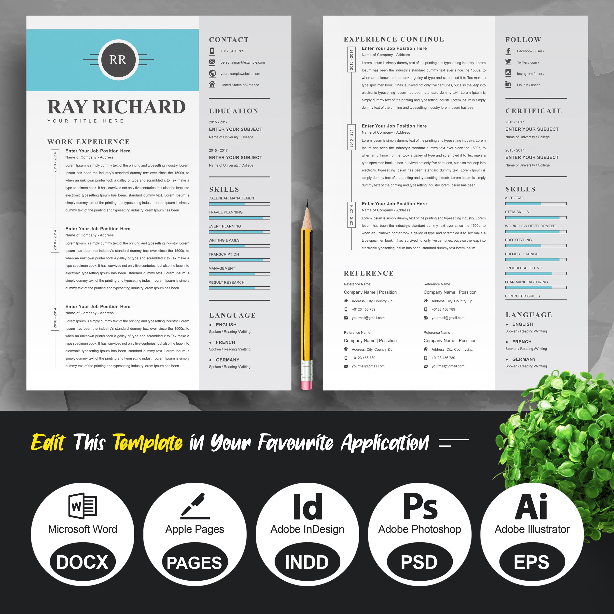 2 Pages Resume / CV Template preview image.