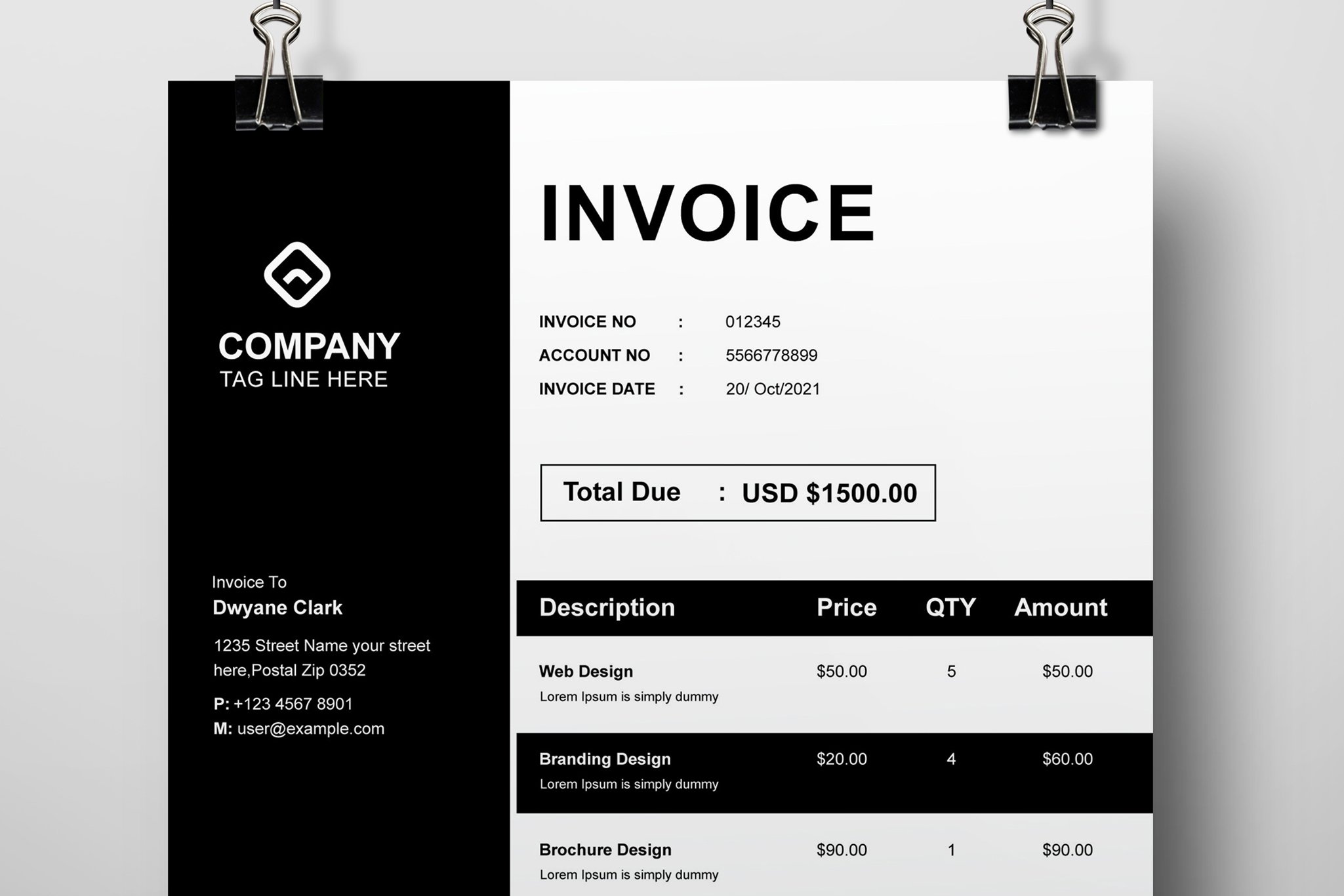 Invoice Layout With Black Sidebar preview image.