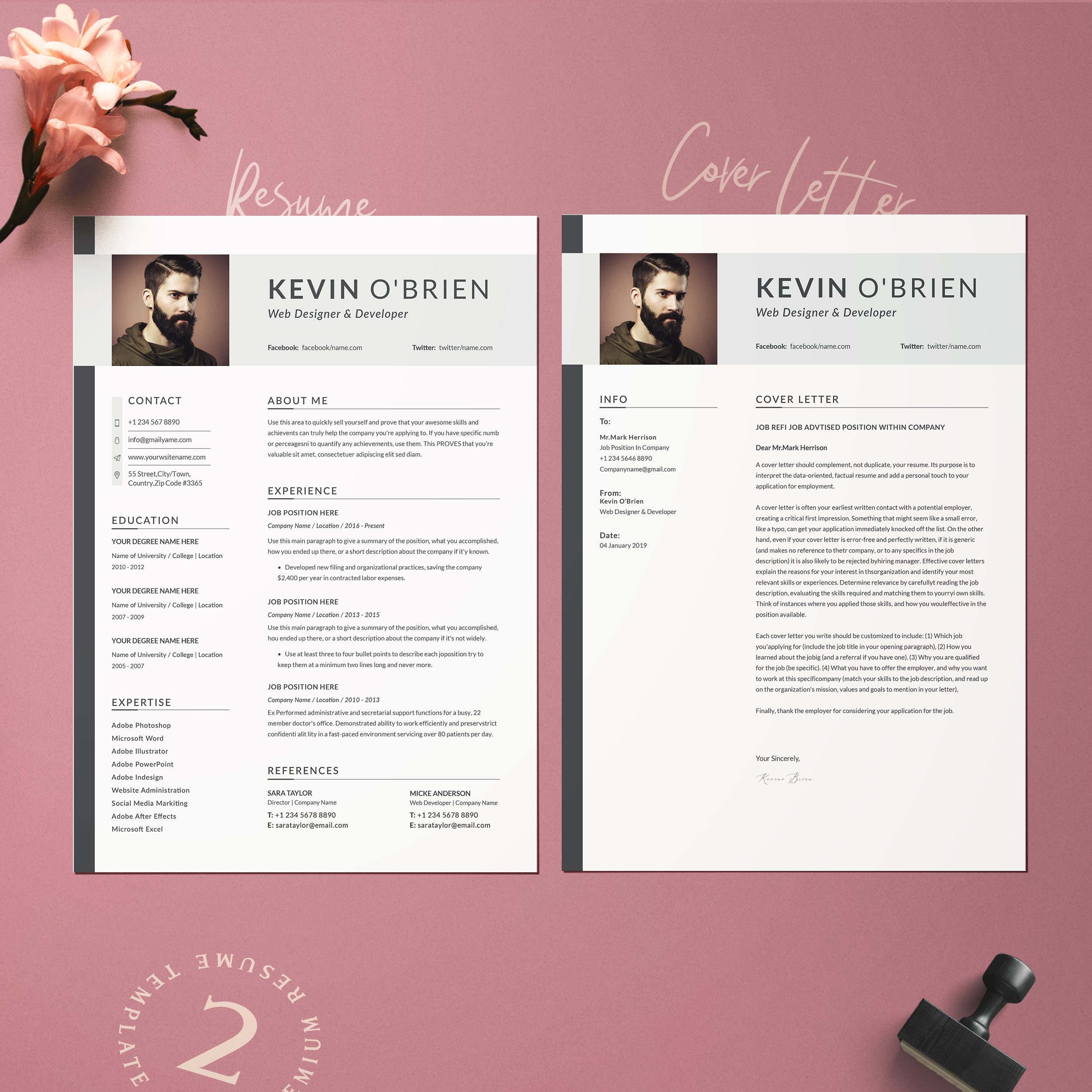 Two professional resume templates on a pink background.
