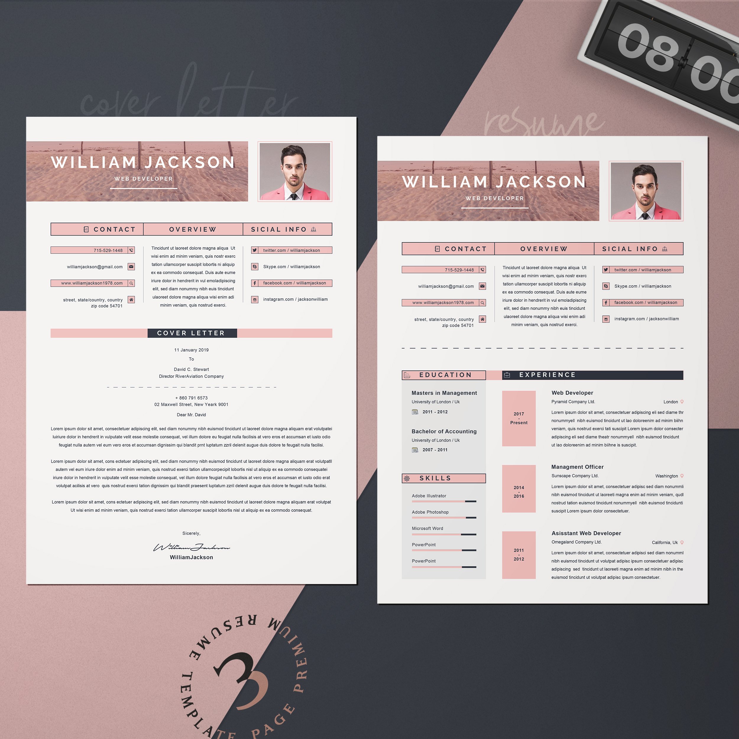 Professional resume and cover letter on a pink and black background.