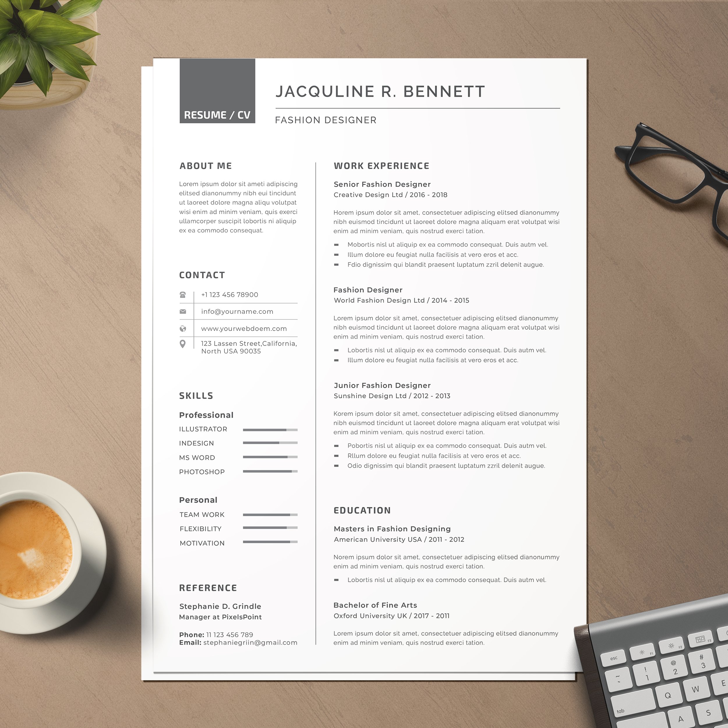 Professional resume on a desk next to a cup of coffee.