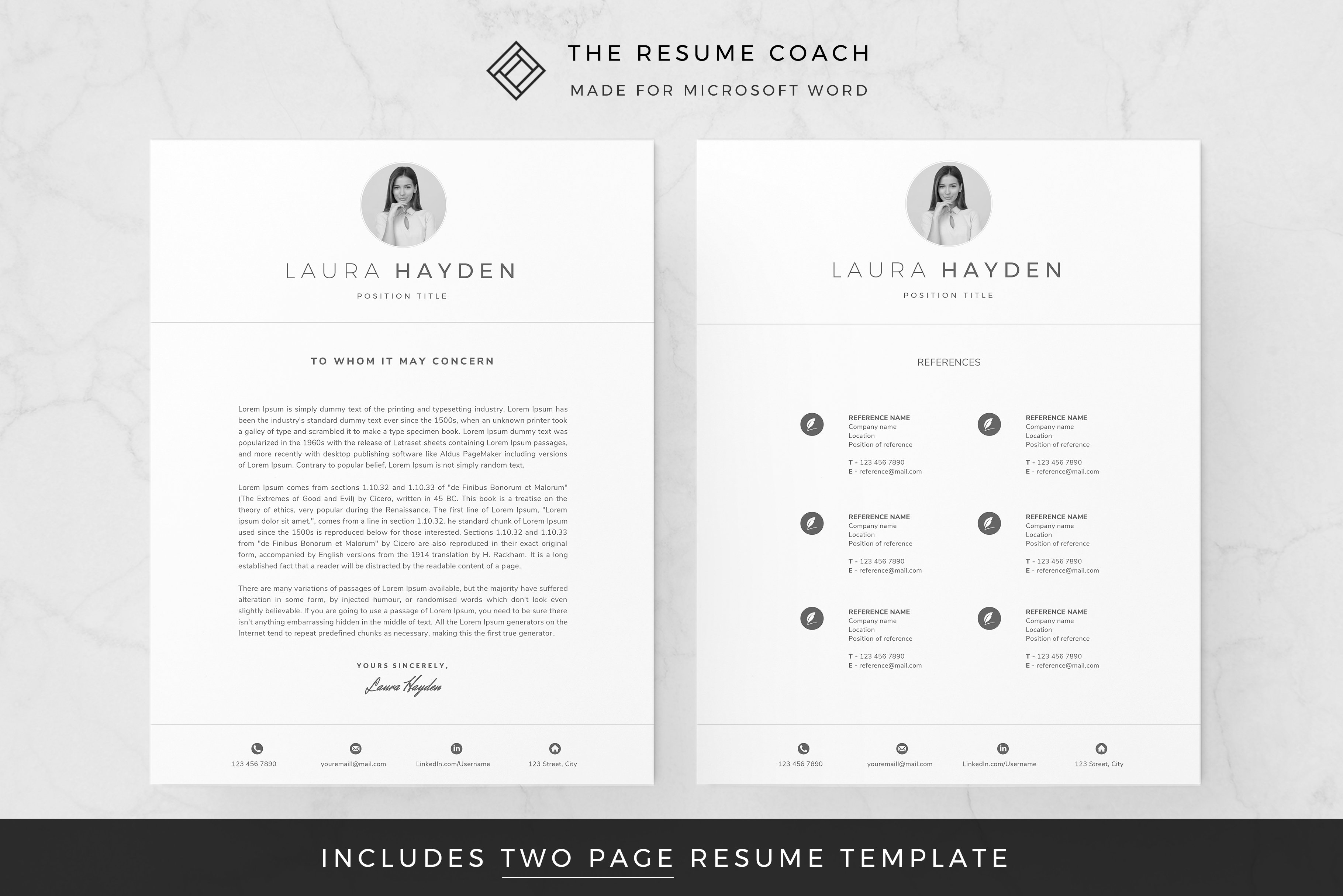 Two pages of a resume template on a marble background.