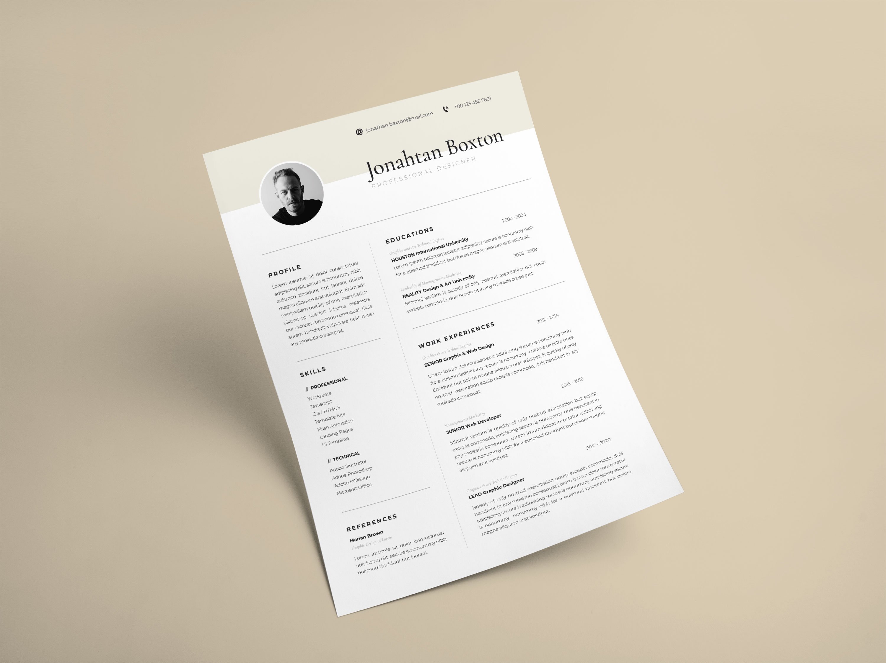 Clean and modern resume template on a beige background.