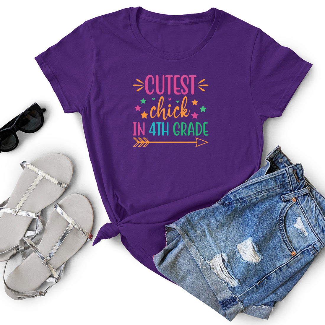 Purple shirt that says cutest chick in 4th grade next to a pair of.
