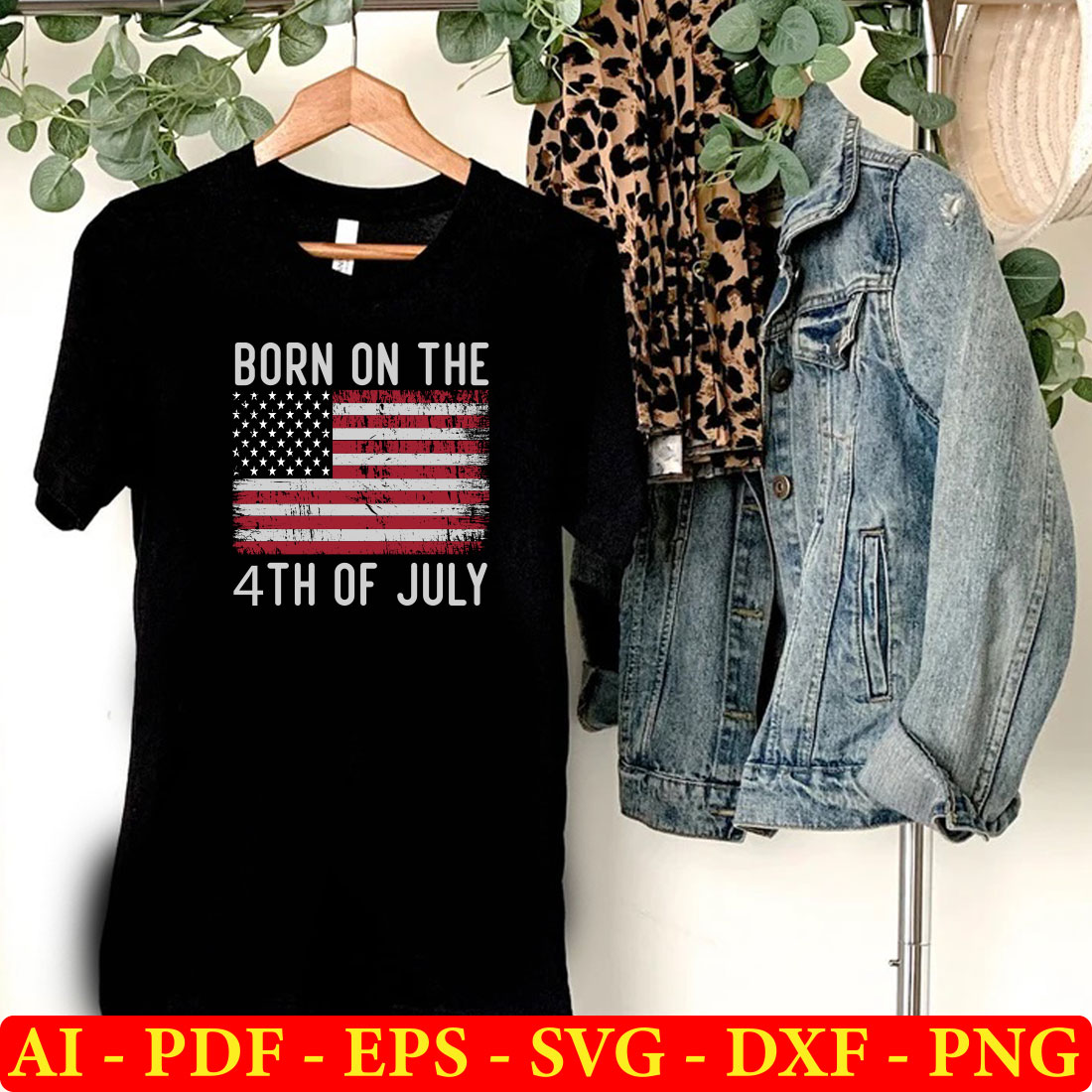T - shirt that says born on the 4th of july with an american flag.