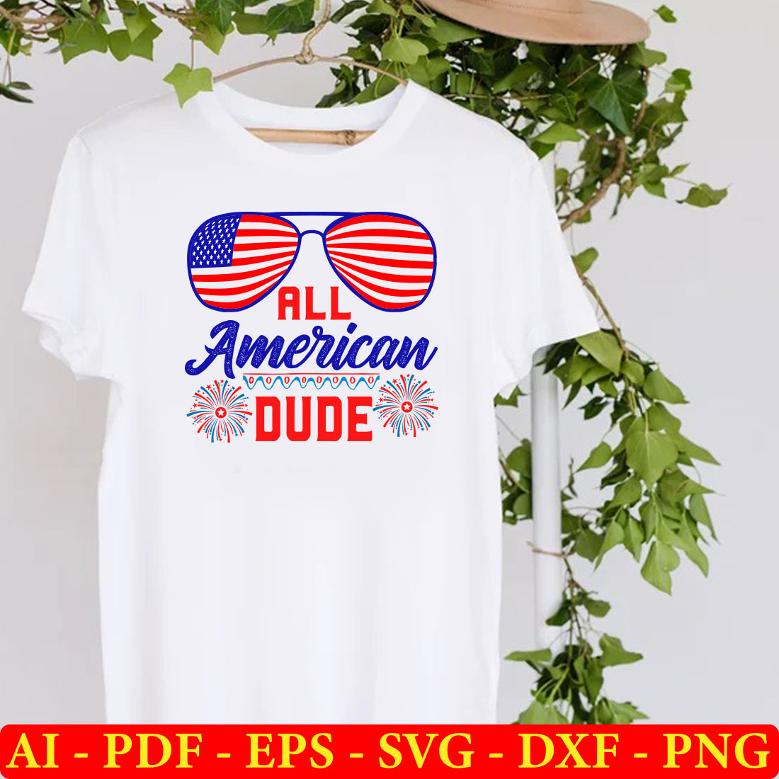 T - shirt that says all american dude with sunglasses on it.