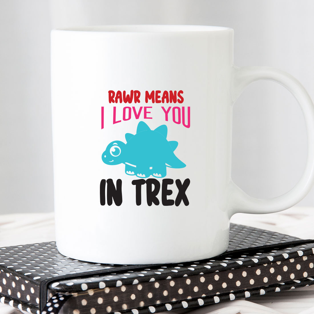 White coffee mug with the words raw means i love you in trex.