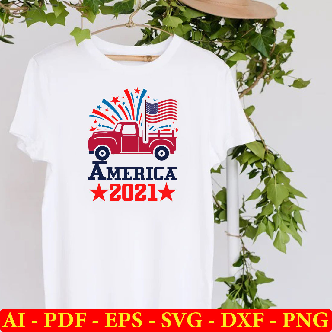 T - shirt with an american truck and stars on it.