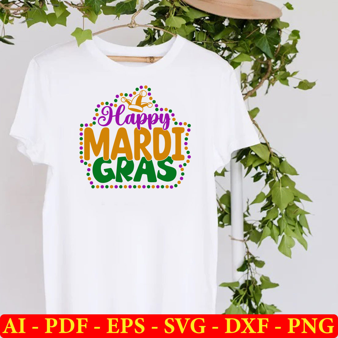 Happy mardi gras t - shirt on a hanger.