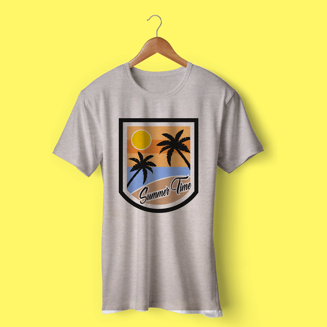 T - shirt with a picture of a beach and palm trees.