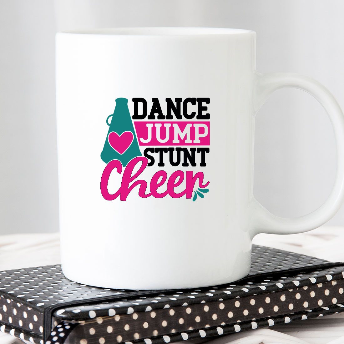 White coffee mug that says dance jump stunt cheer.