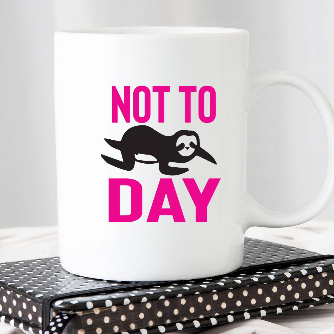 Coffee mug that says not to day on it.
