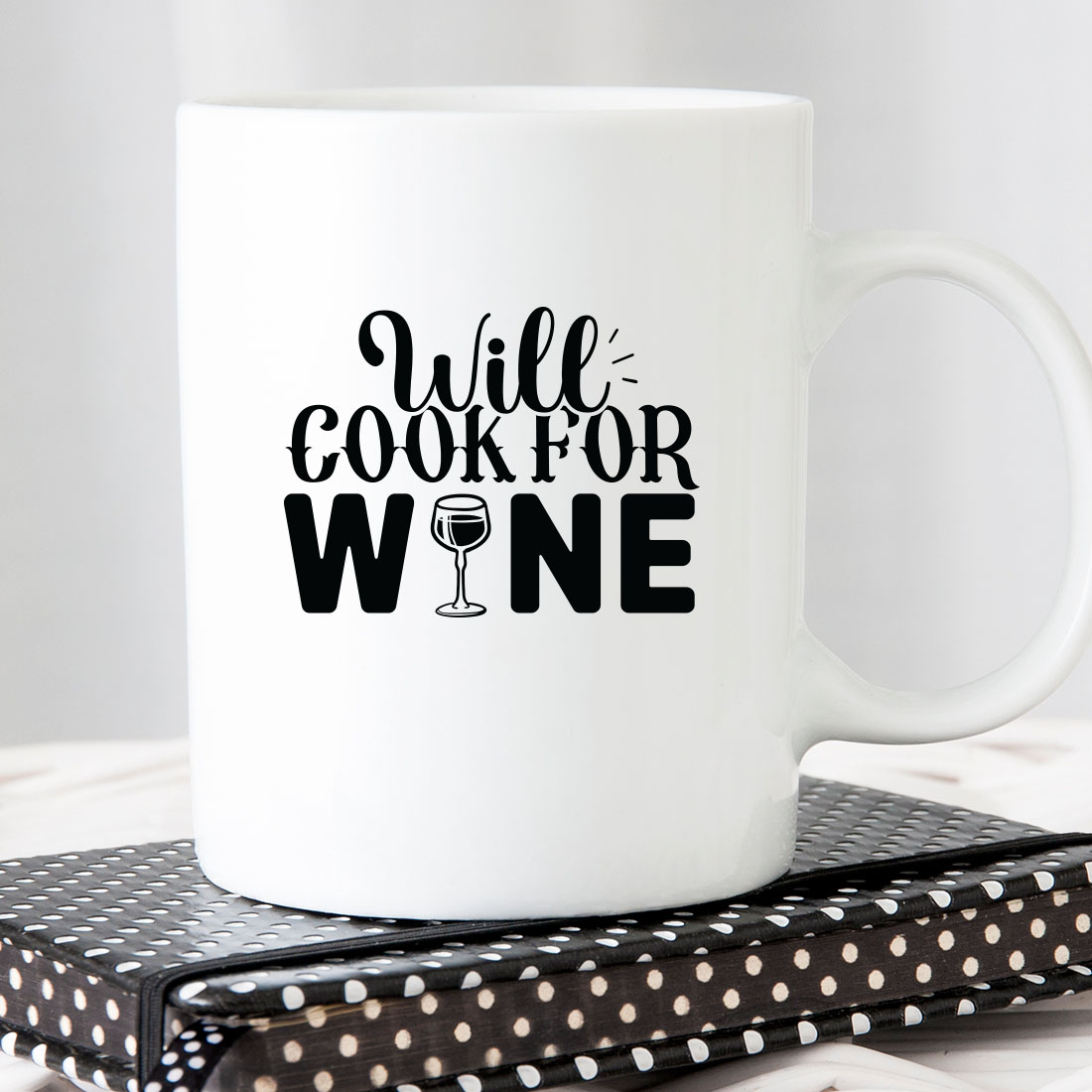 White coffee mug with the words will cook for wine on it.