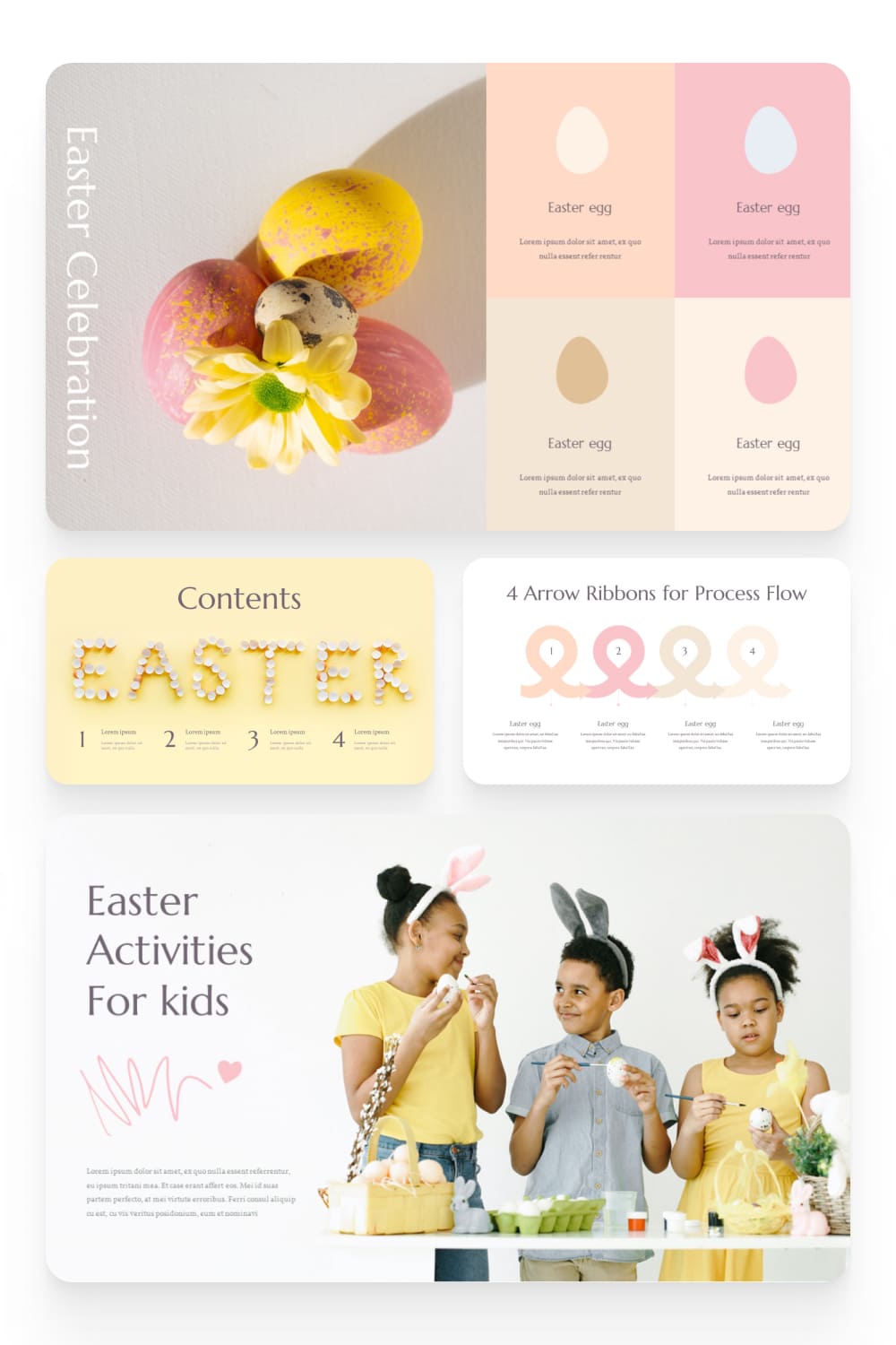 Collage of Easter infographics and photos of children coloring eggs.