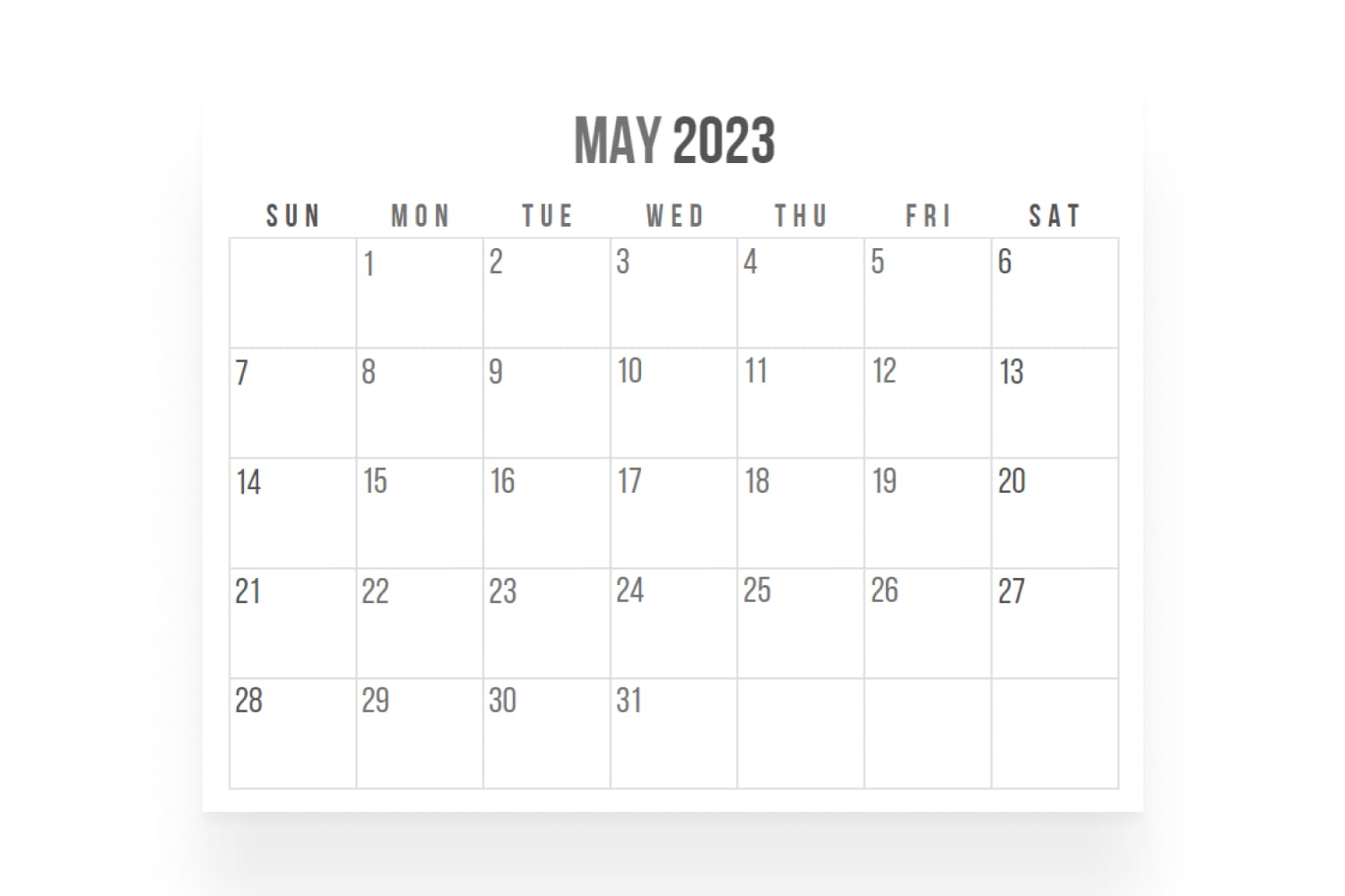 May calendar with white and gray color scheme, clean typography, and ample space for notes.